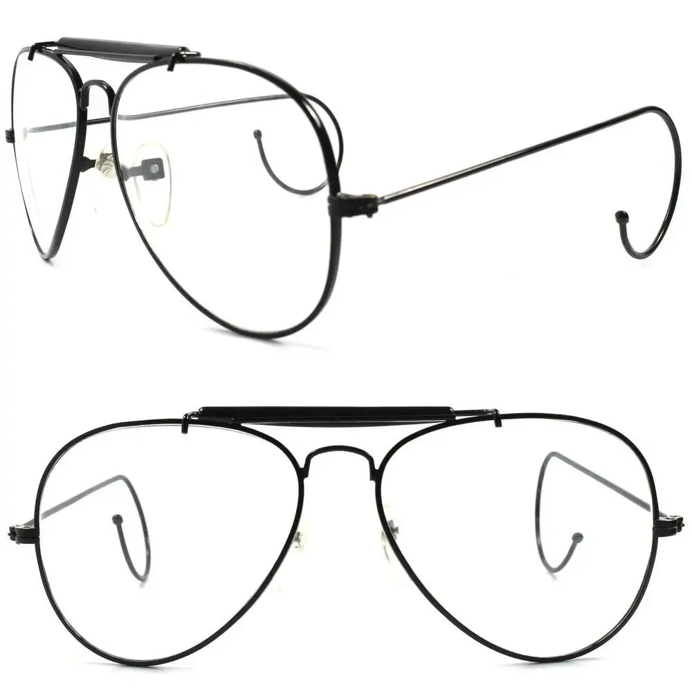 Black Vintage Retro 80s Aviation Style Flexible Ear Loop Wrap Clear lens glasses